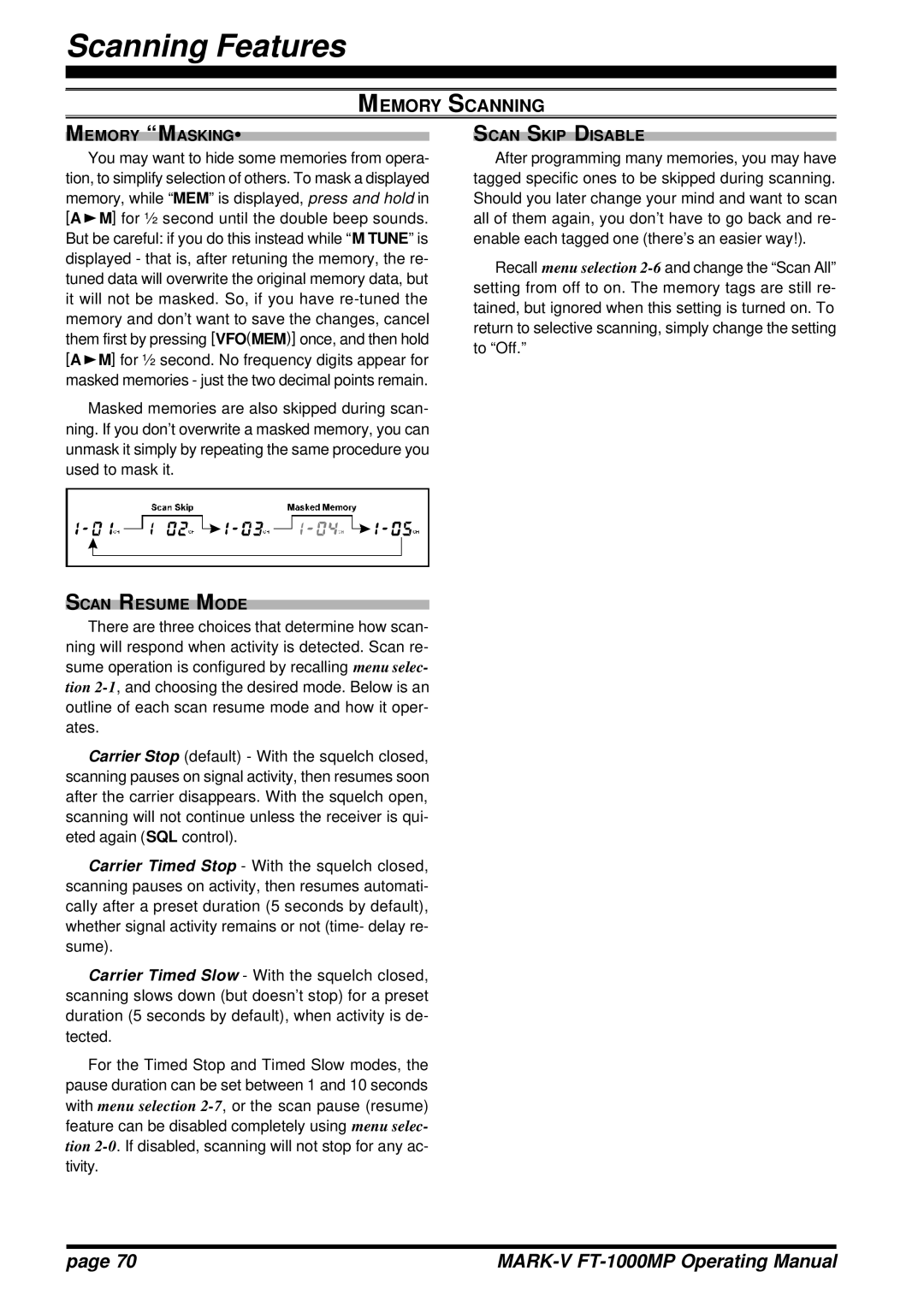 Vertex Standard FT-1000MP manual Memory Masking, Scan Resume Mode, Scan Skip Disable 