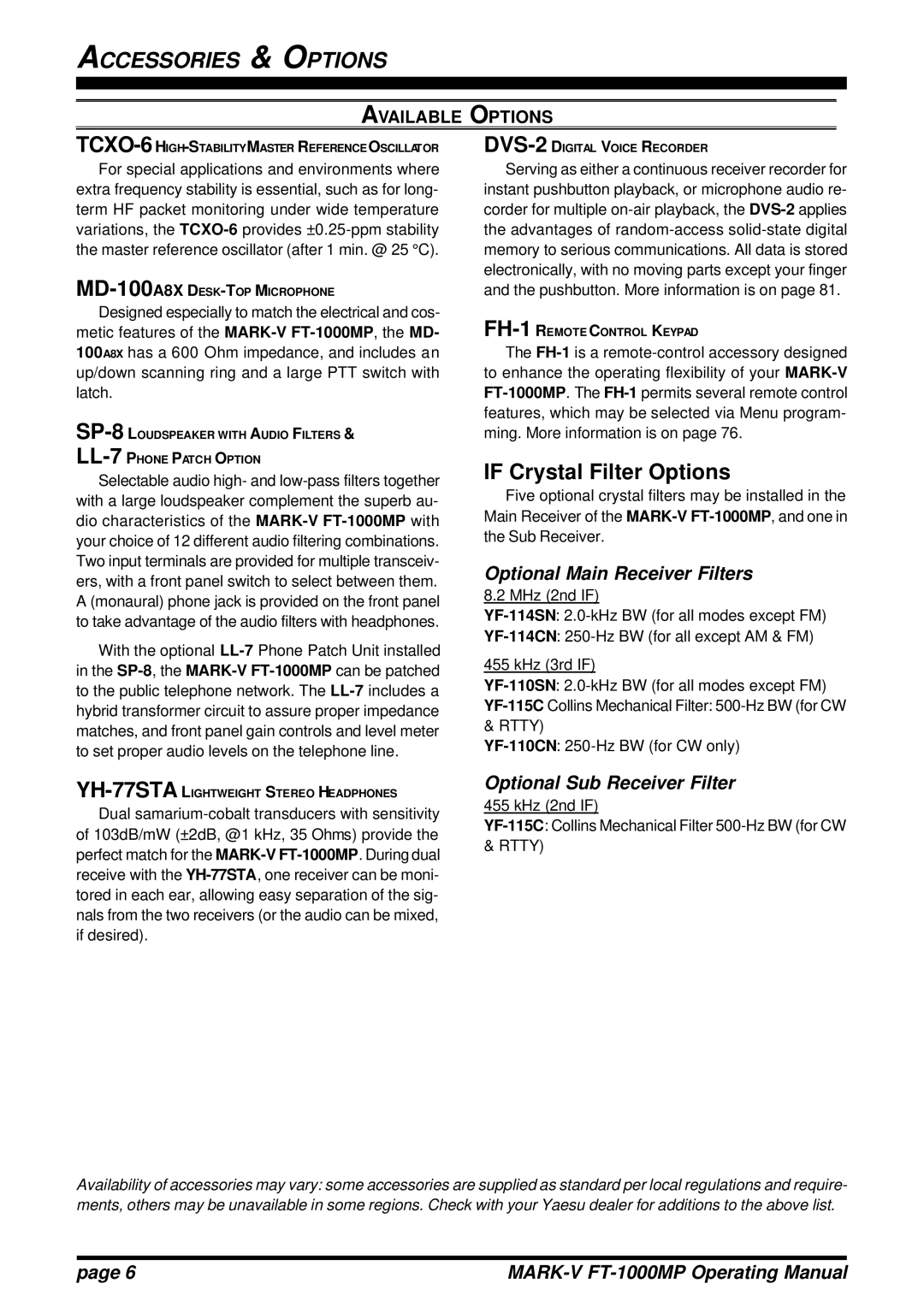 Vertex Standard FT-1000MP manual If Crystal Filter Options, Optional Main Receiver Filters, Optional Sub Receiver Filter 