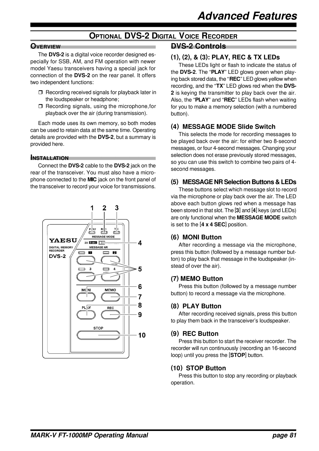 Vertex Standard FT-1000MP manual DVS-2 Controls 