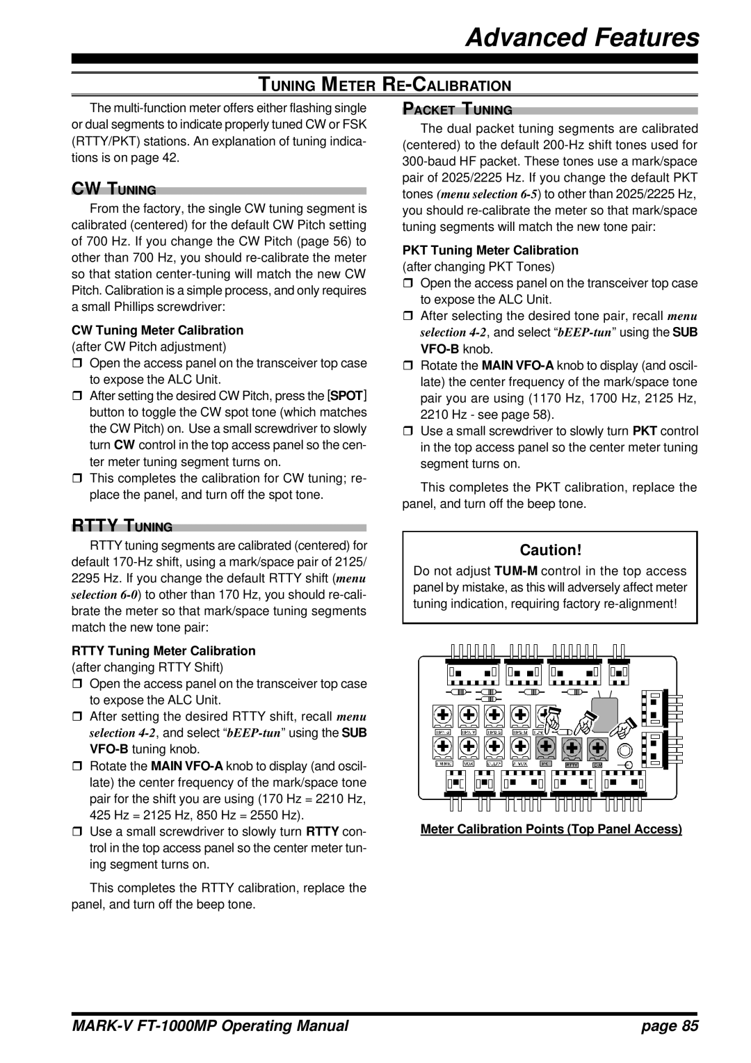 Vertex Standard FT-1000MP manual Tuning Meter RE-CALIBRATION, Packet Tuning 