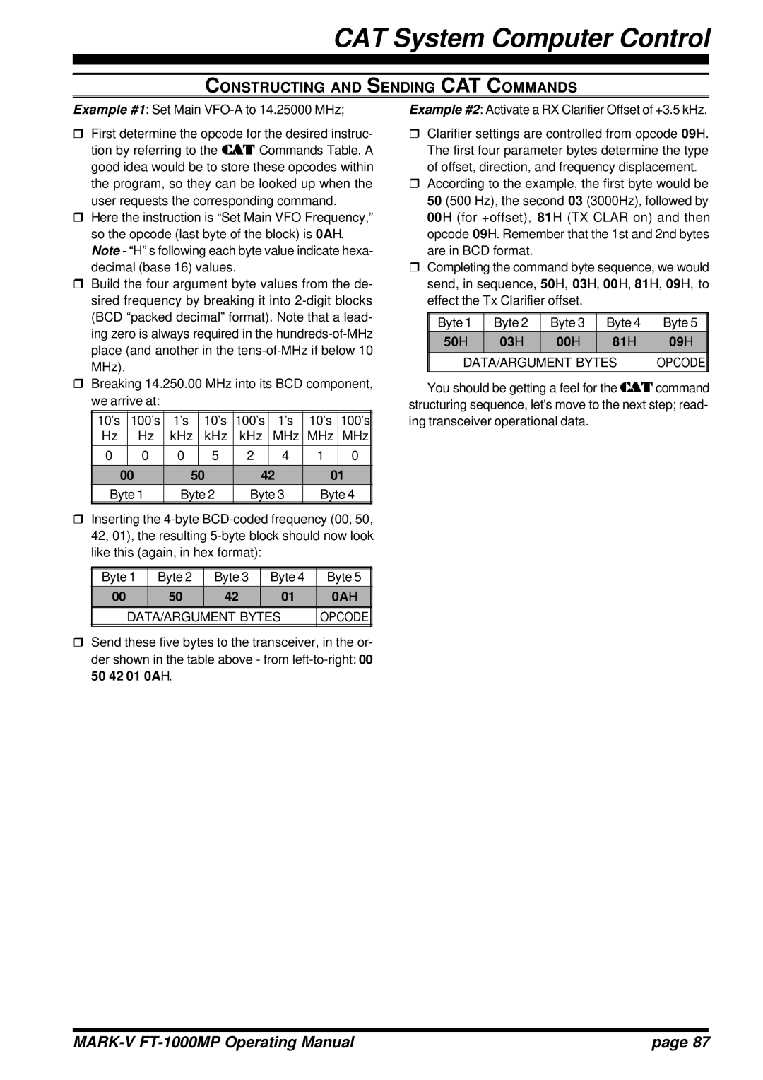 Vertex Standard FT-1000MP manual Constructing and Sending CAT Commands, 50 H 03 H 00 H 81 H 09 H, DATA/ARGUMENT Bytes, 0A H 