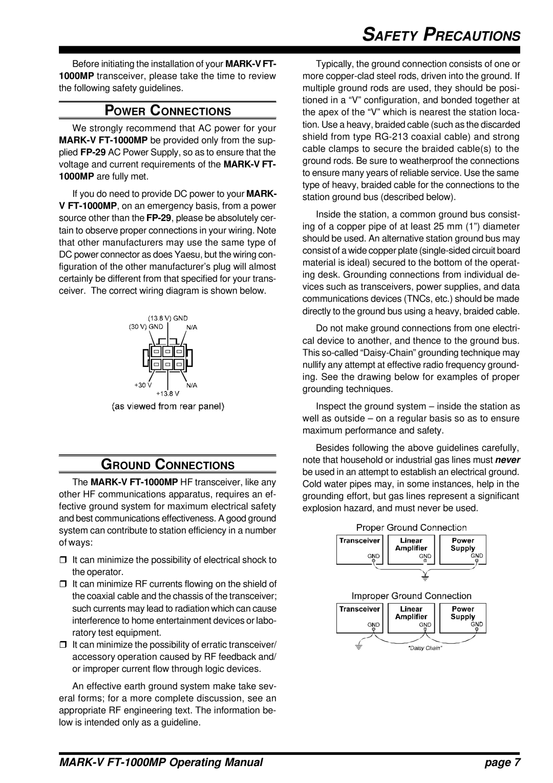 Vertex Standard FT-1000MP manual Safety Precautions, Power Connections, Ground Connections 