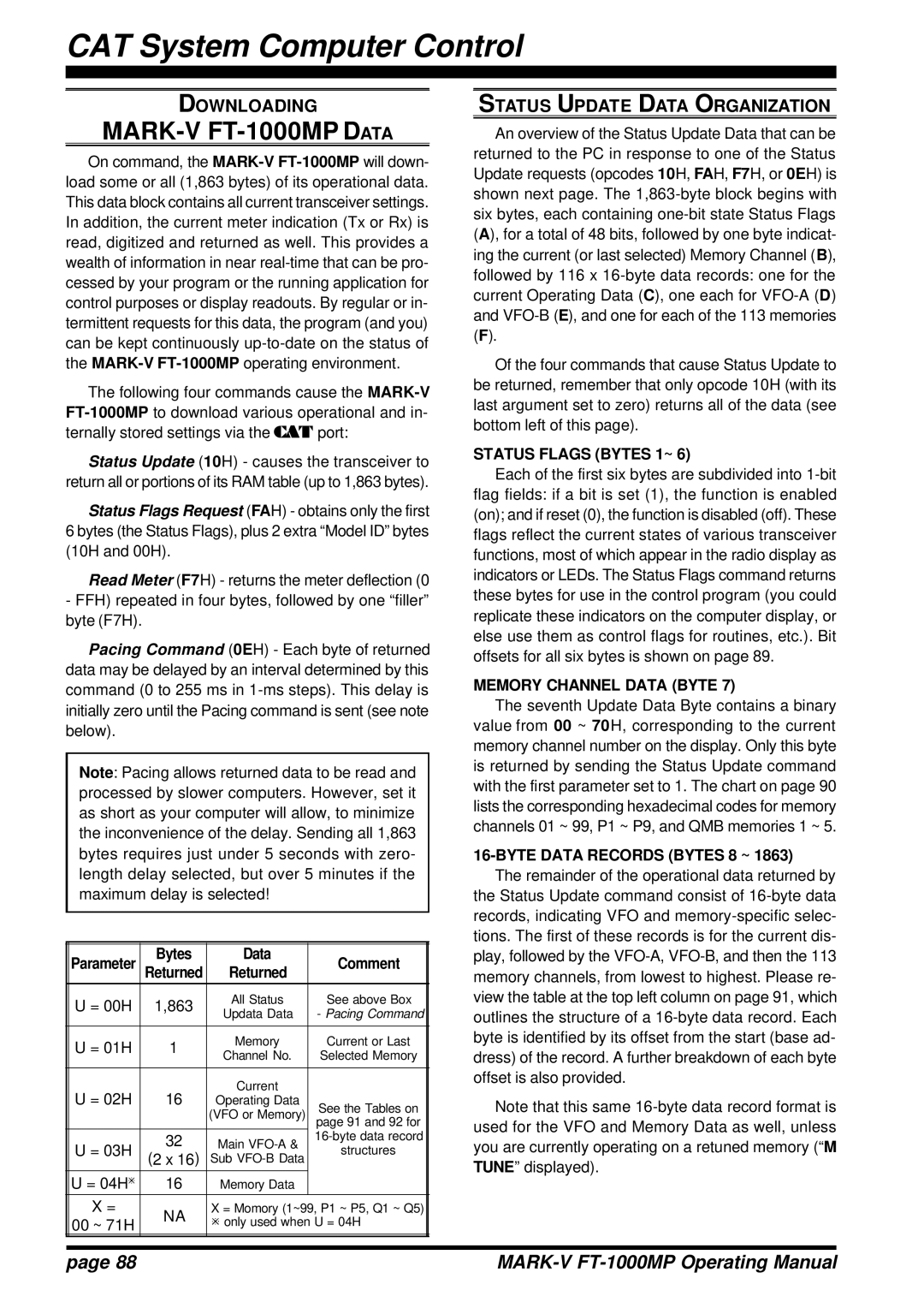 Vertex Standard FT-1000MP Downloading, Status Update Data Organization, Status Flags Bytes 1~, Memory Channel Data Byte 