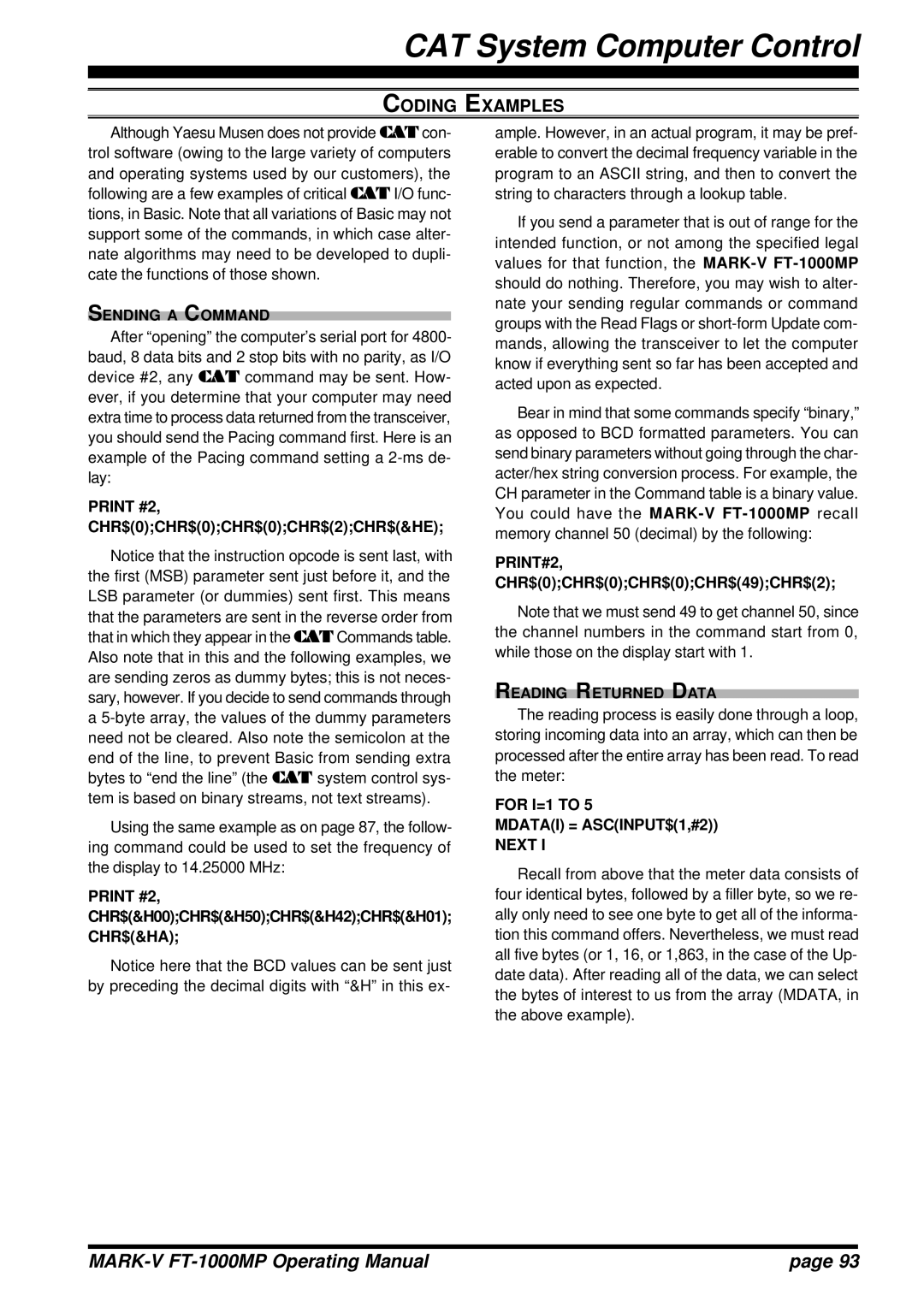 Vertex Standard FT-1000MP manual Coding Examples 