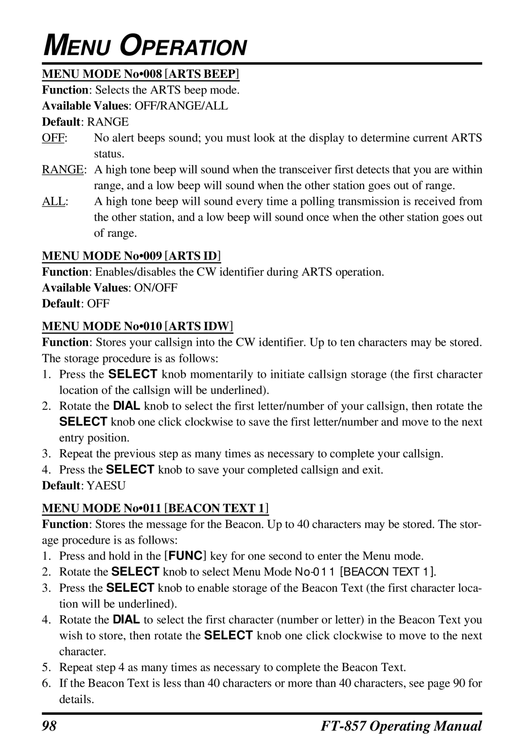 Vertex Standard FT-857 Menu Mode No008 Arts Beep, Available Values OFF/RANGE/ALL Default Range, Menu Mode No009 Arts ID 