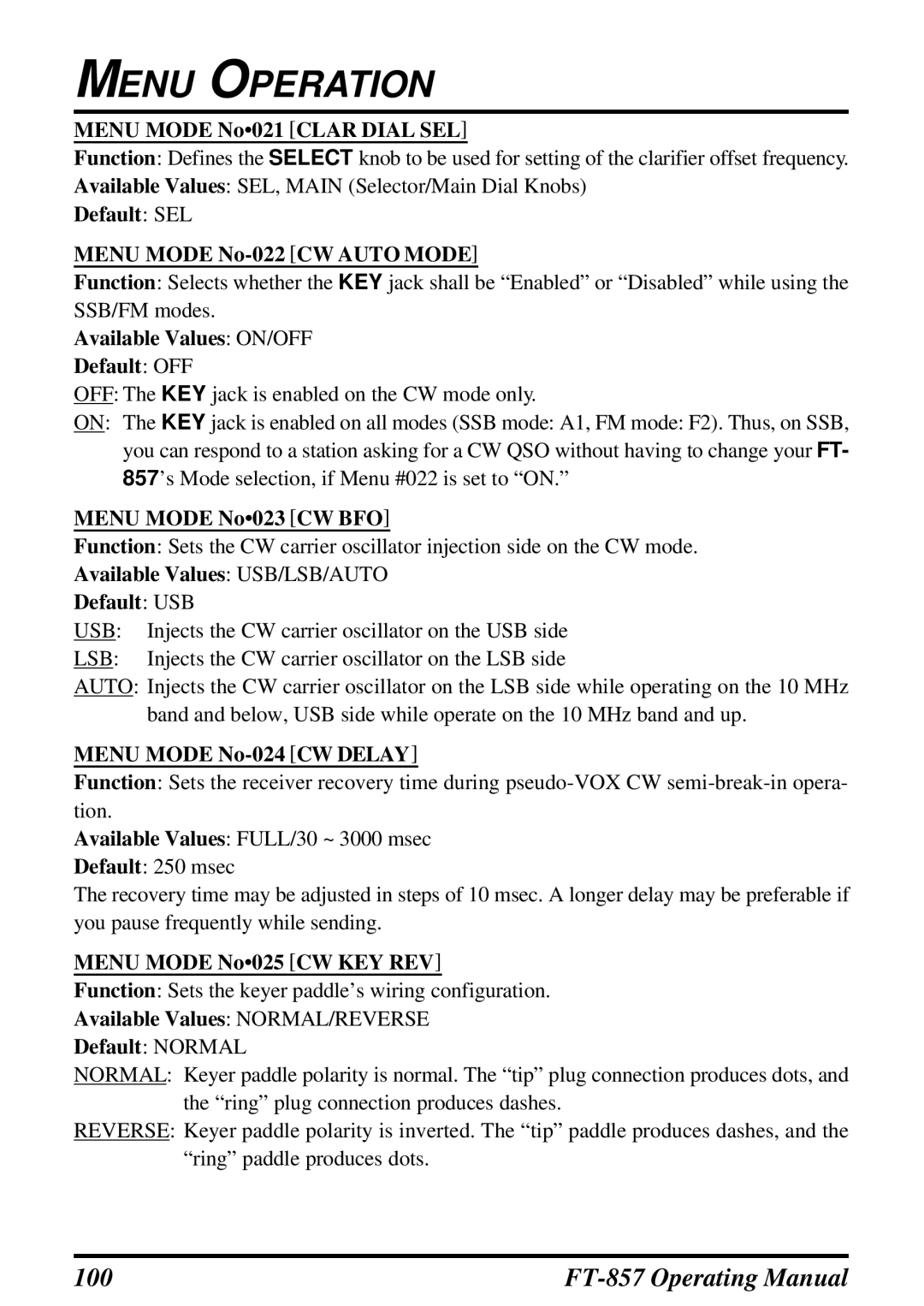 Vertex Standard FT-857 Menu Mode No021 Clar Dial SEL, Default SEL Menu Mode No-022 CW Auto Mode, Menu Mode No023 CW BFO 