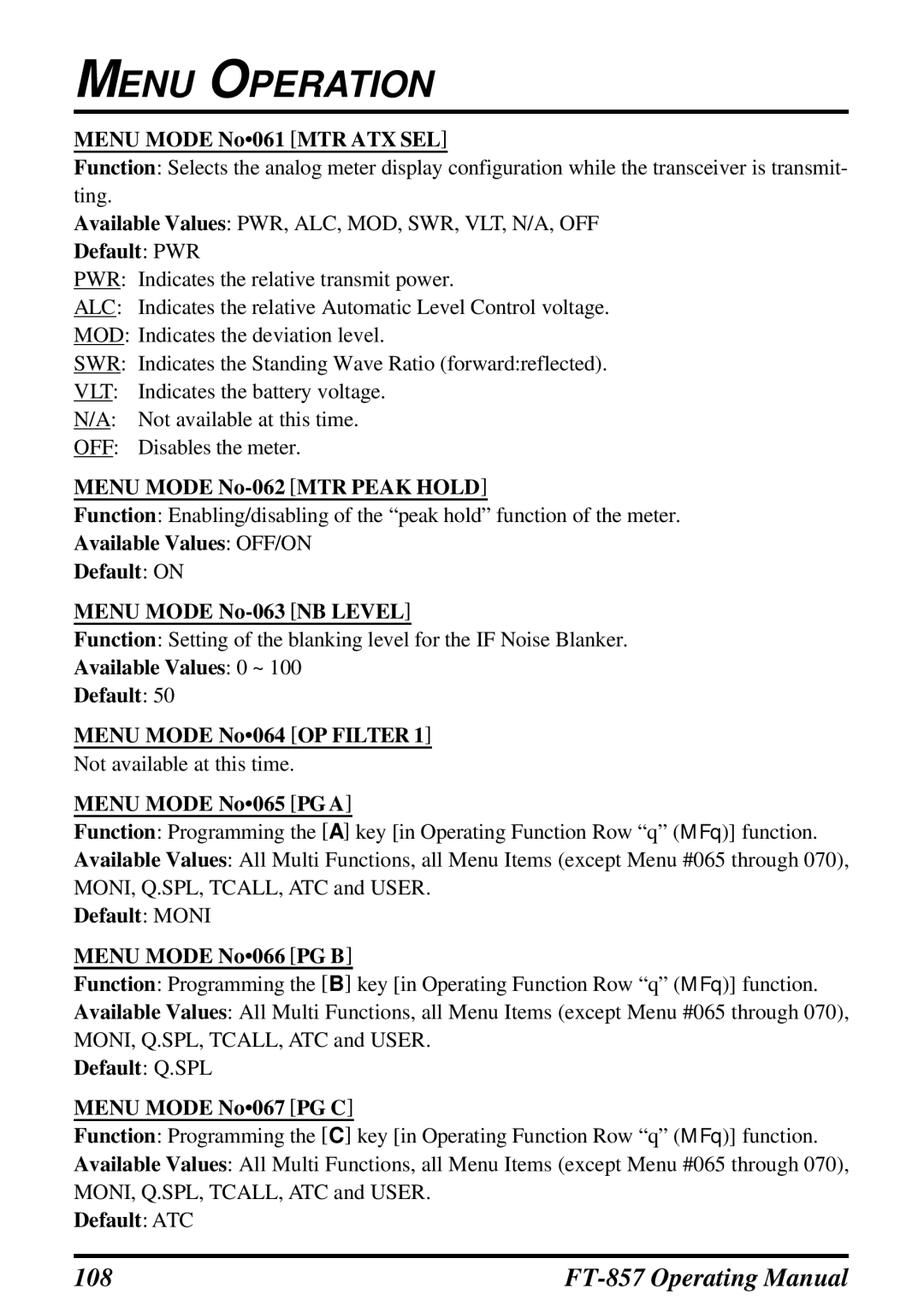 Vertex Standard FT-857 Menu Mode No061 MTR ATX SEL, Default PWR, Menu Mode No-062 MTR Peak Hold, Menu Mode No065 PG a 