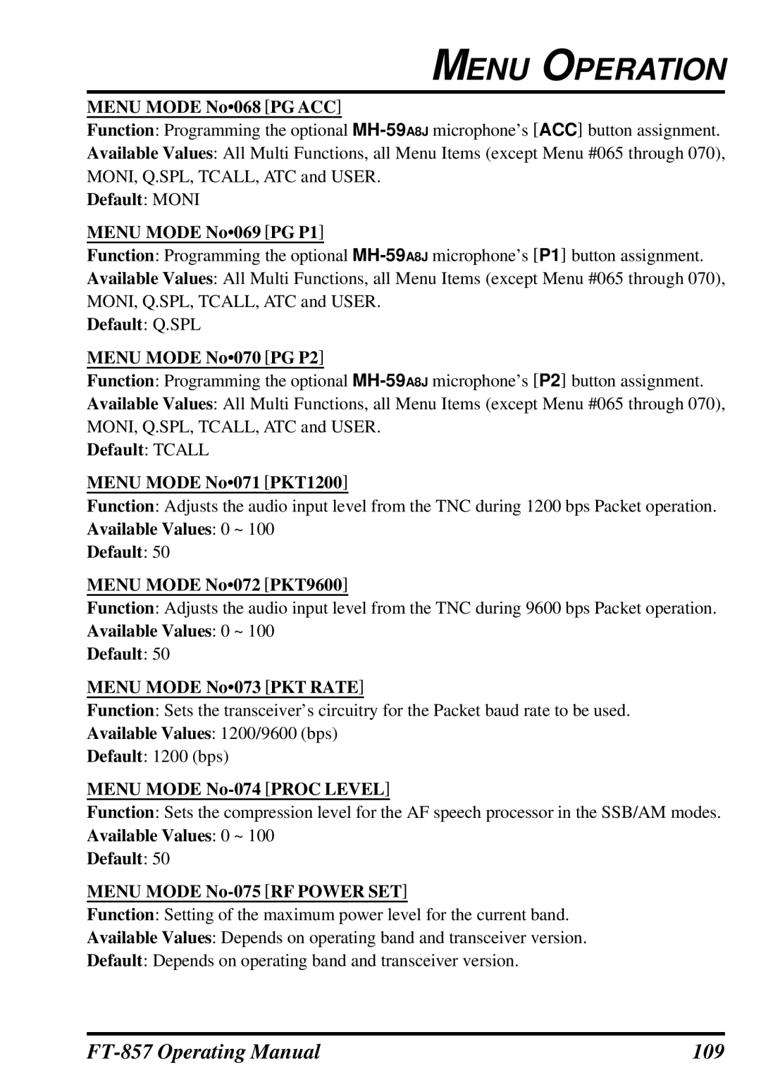 Vertex Standard FT-857 Menu Mode No068 PG ACC, Default Moni Menu Mode No069 PG P1, Default Q.SPL Menu Mode No070 PG P2 