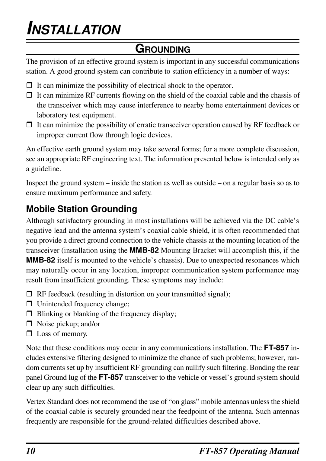 Vertex Standard FT-857 manual Mobile Station Grounding 