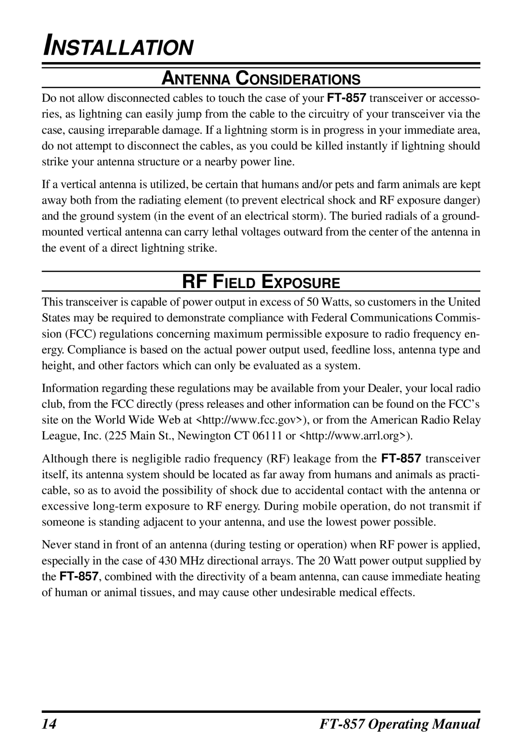 Vertex Standard FT-857 manual RF Field Exposure 