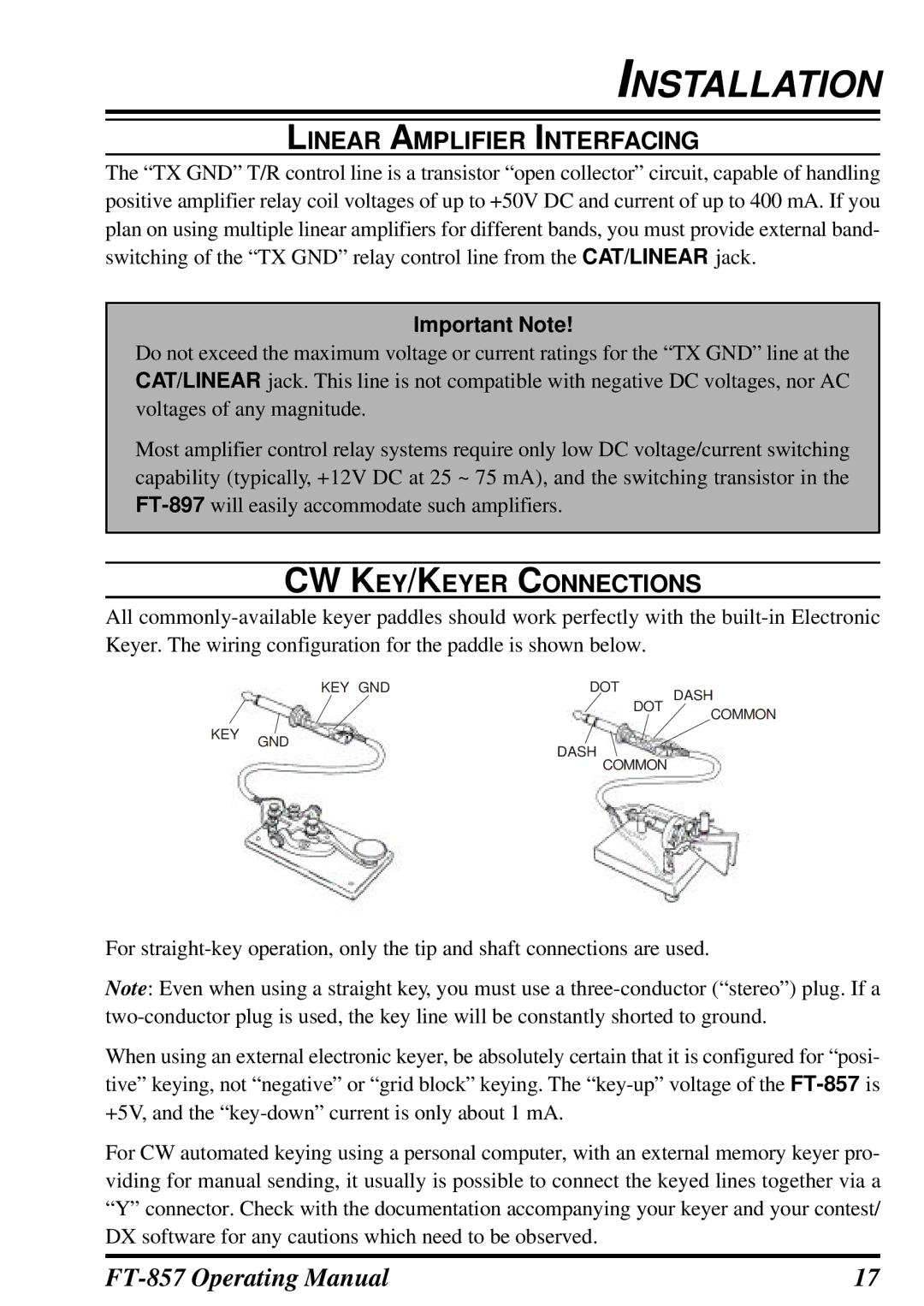 Vertex Standard FT-857 manual CW KEY/KEYER Connections, Important Note 