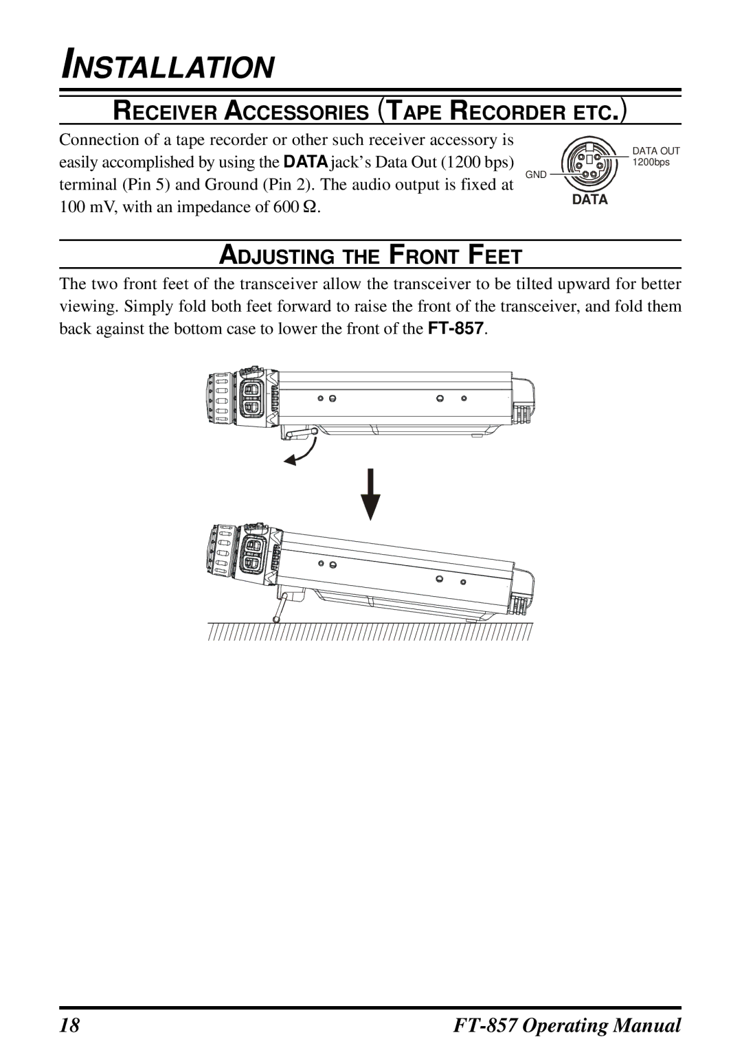 Vertex Standard FT-857 manual Receiver Accessories Tape Recorder ETC, Adjusting the Front Feet 