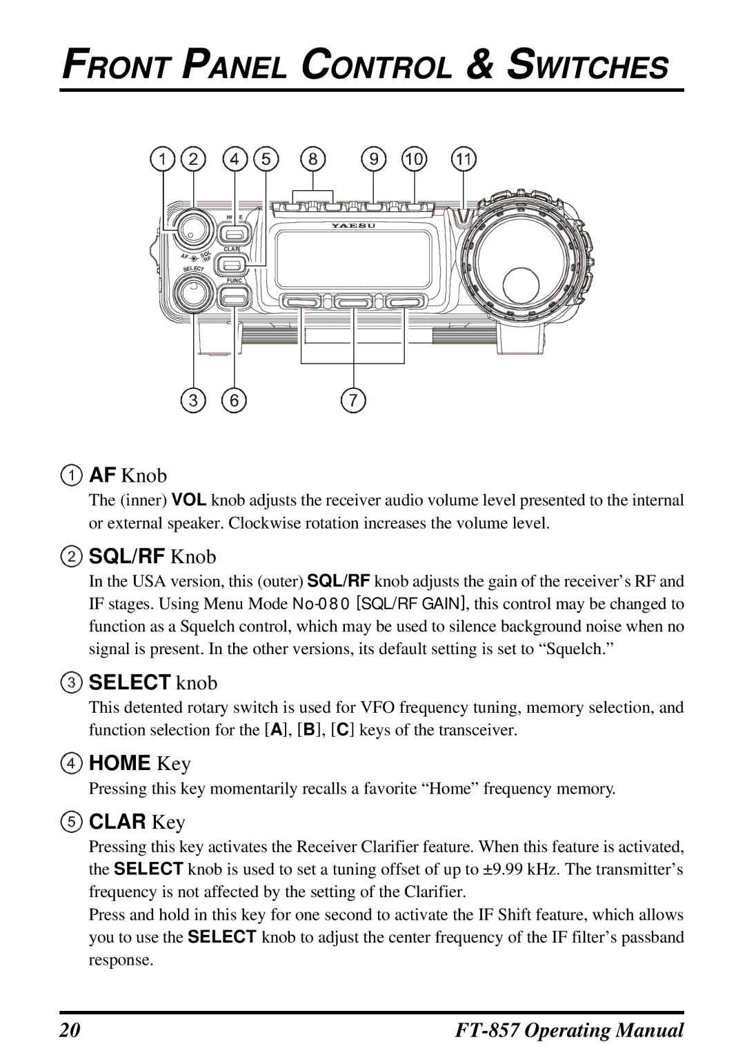 Vertex Standard FT-857 manual Front Panel Control & Switches 