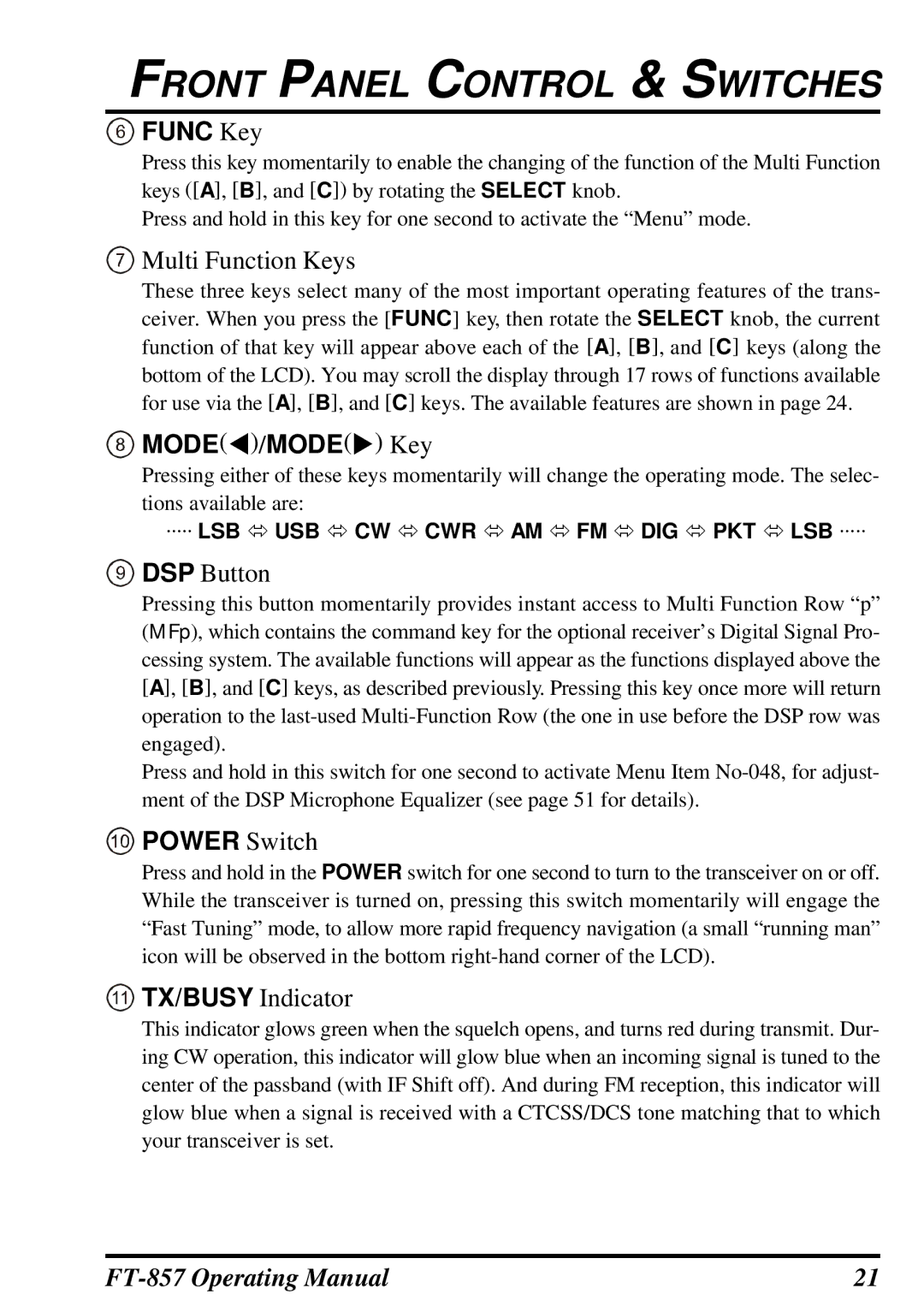 Vertex Standard FT-857 manual Func Key, MODEt/MODEu Key, Power Switch, TX/BUSY Indicator 