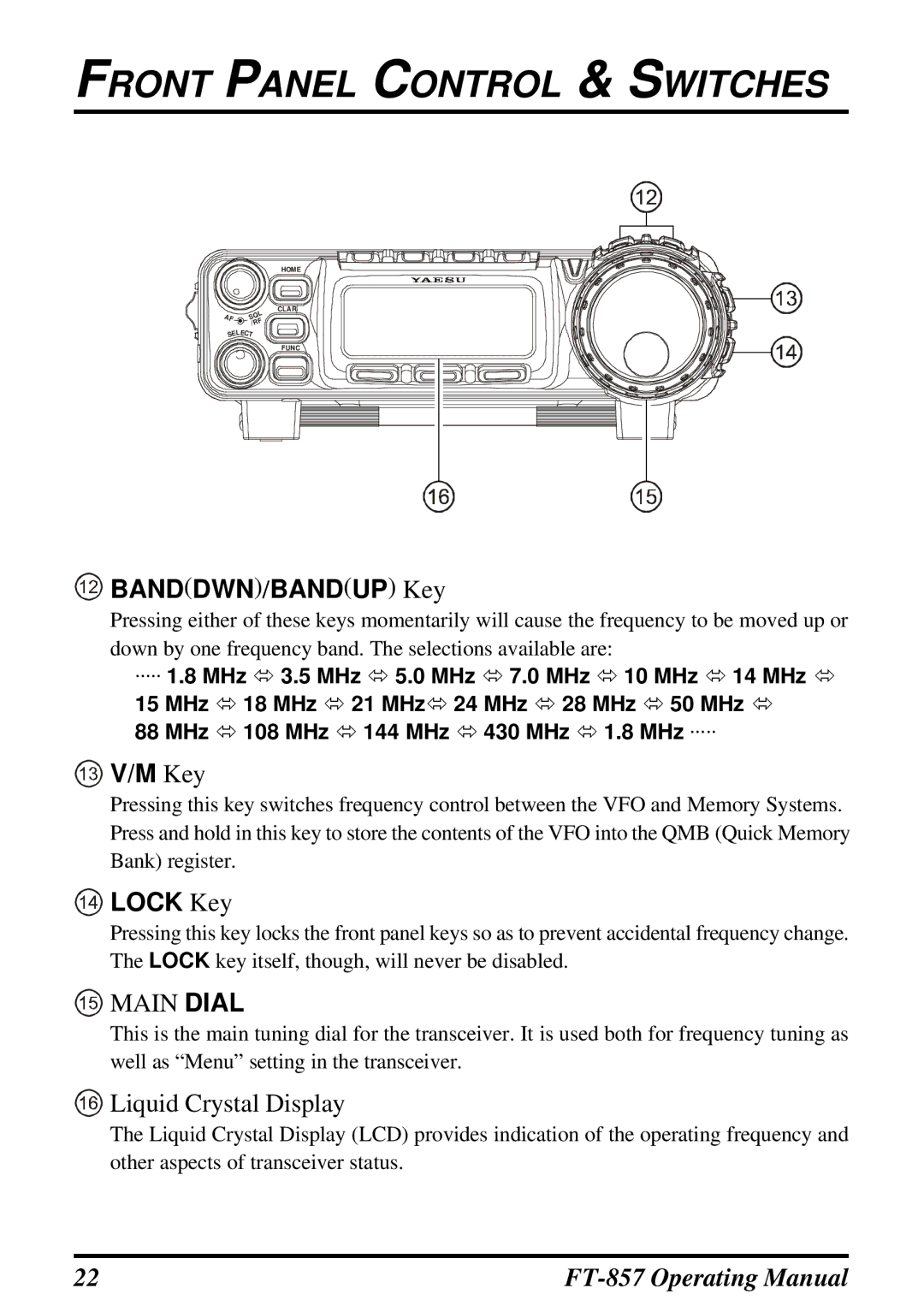 Vertex Standard FT-857 manual BANDDWN/BANDUP Key, Lock Key 