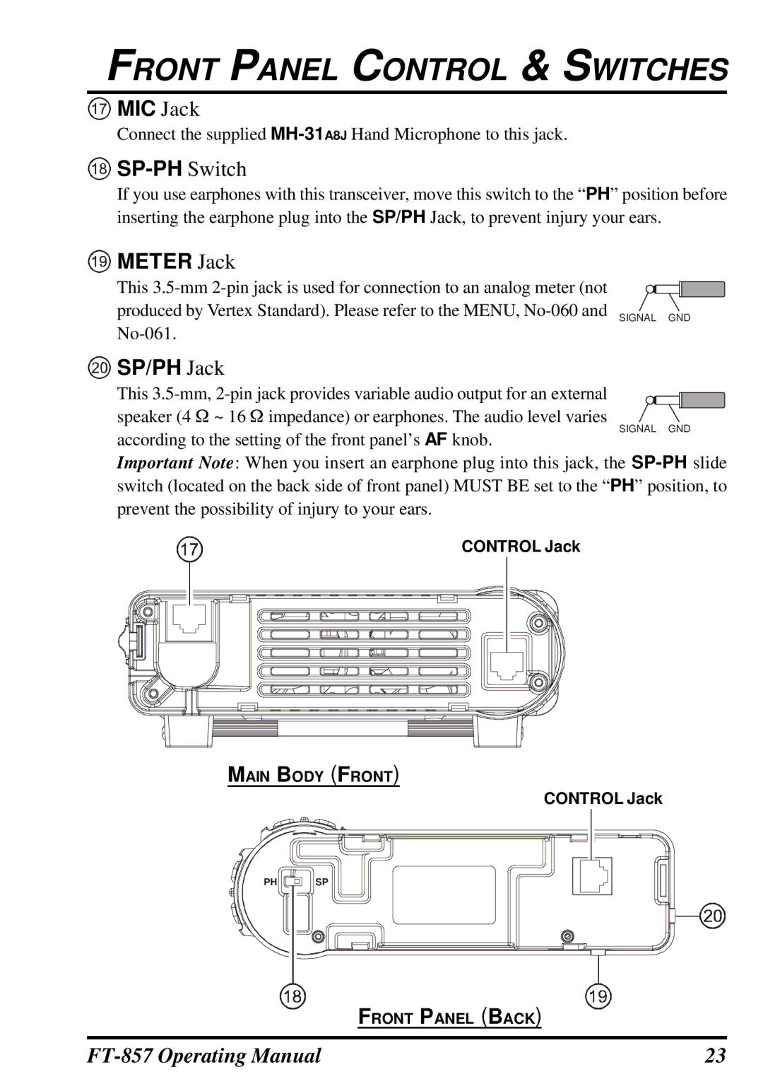 Vertex Standard FT-857 manual MIC Jack, SP-PH Switch, Meter Jack, SP/PH Jack 