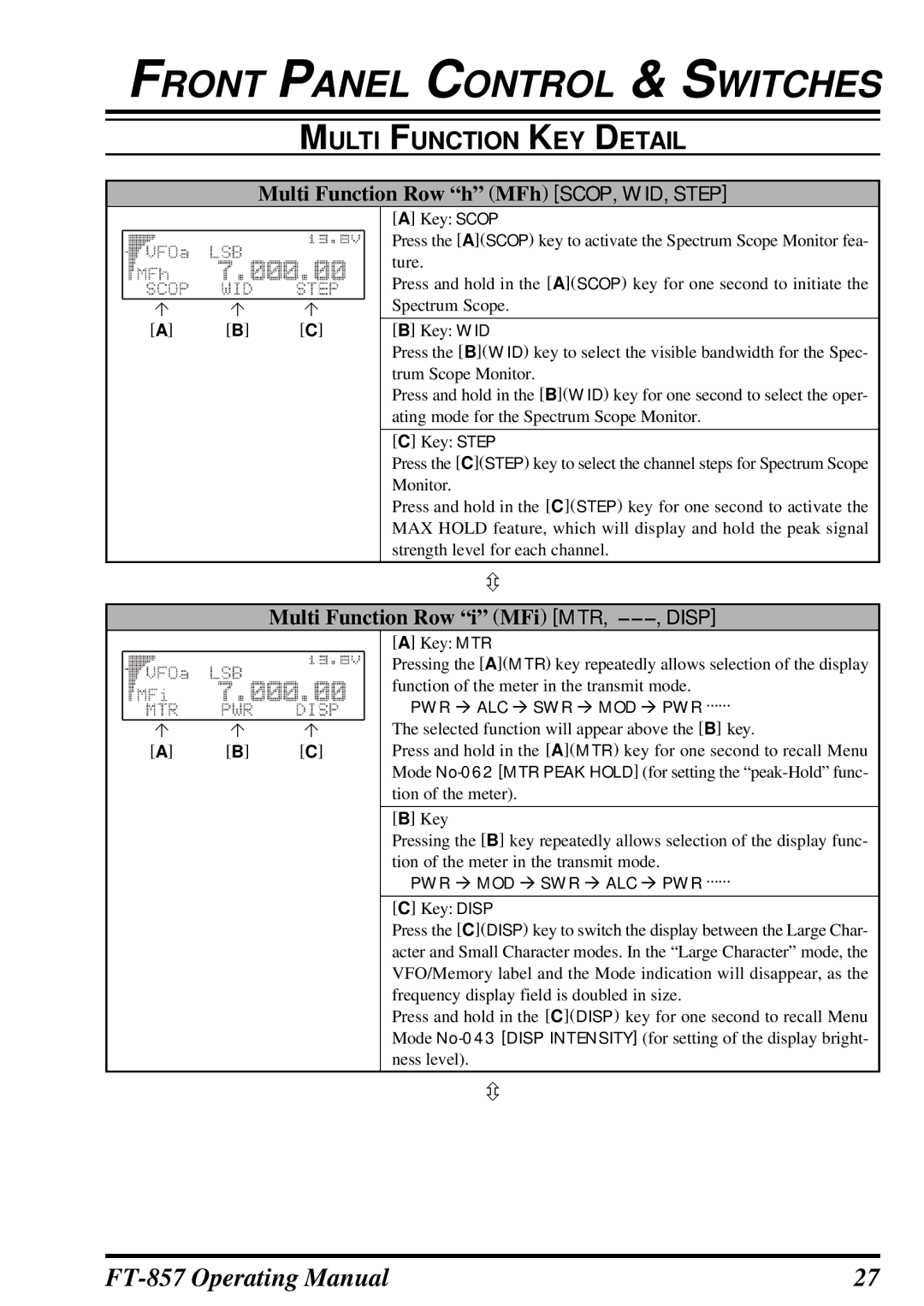 Vertex Standard FT-857 manual Multi Function Row h MFh SCOP, WID, Step, Multi Function Row i MFi MTR, - -, Disp 