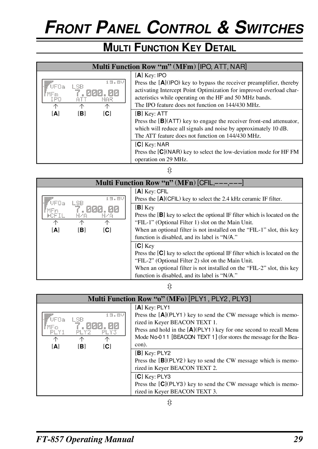 Vertex Standard FT-857 manual Multi Function Row m MFm IPO, ATT, NAR, Multi Function Row n MFn Cfil 