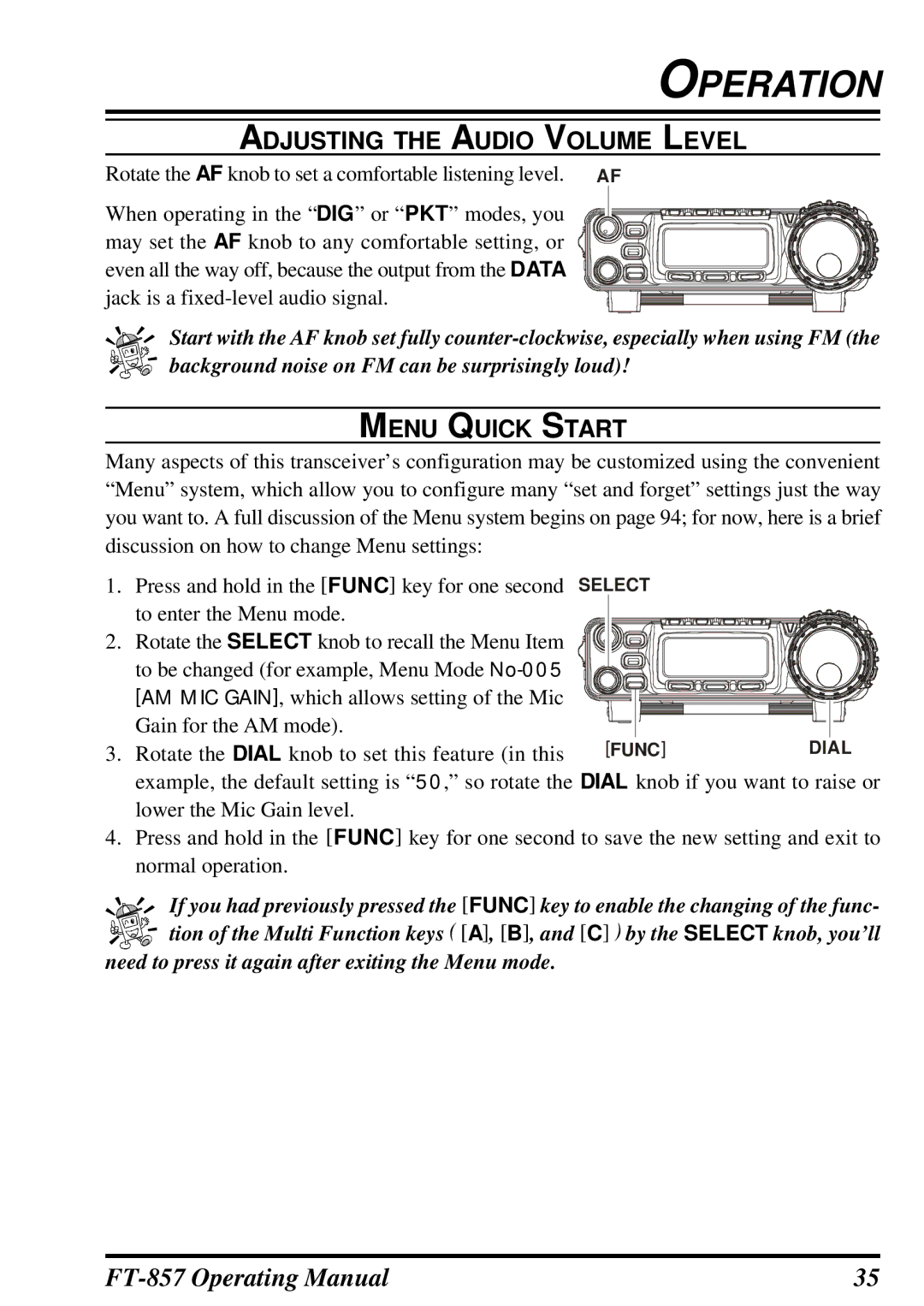 Vertex Standard FT-857 manual Adjusting the Audio Volume Level, Menu Quick Start 