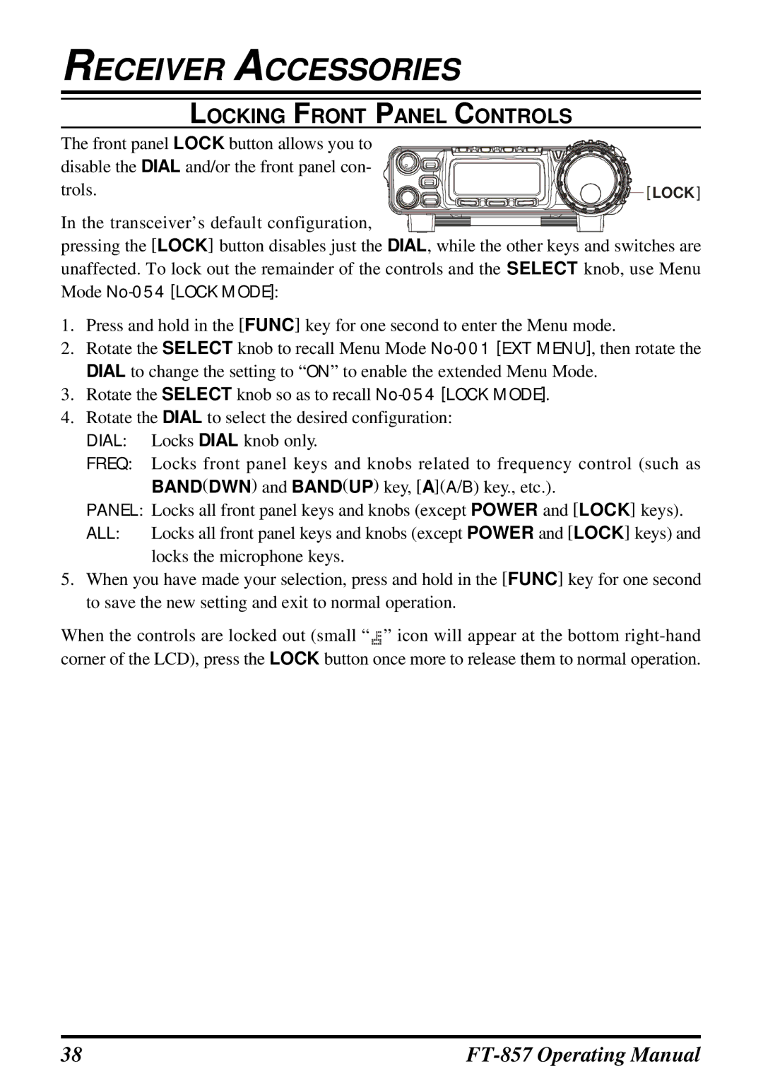 Vertex Standard FT-857 manual Receiver Accessories, Locking Front Panel Controls 