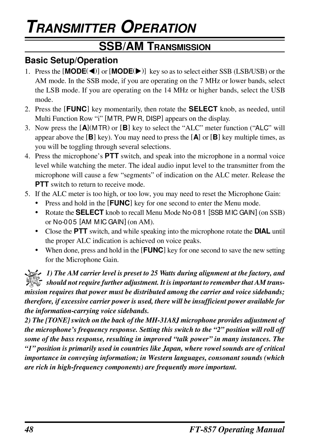 Vertex Standard FT-857 manual Transmitter Operation, Basic Setup/Operation, SSB/AM Transmission 