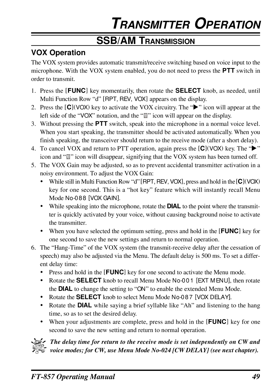 Vertex Standard FT-857 manual VOX Operation 