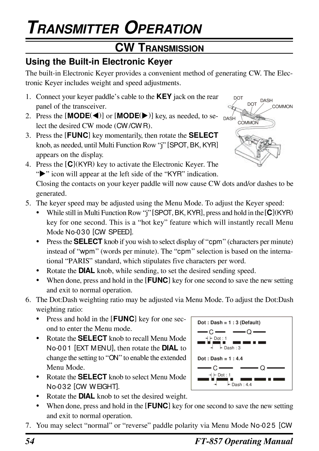 Vertex Standard FT-857 manual Using the Built-in Electronic Keyer, Mode No-030 CW Speed 