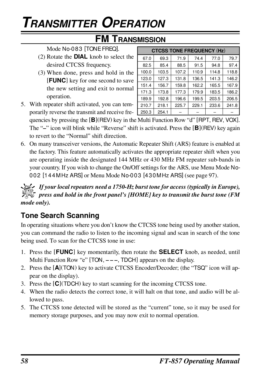 Vertex Standard FT-857 manual Tone Search Scanning, Mode No-083 Tone Freq 