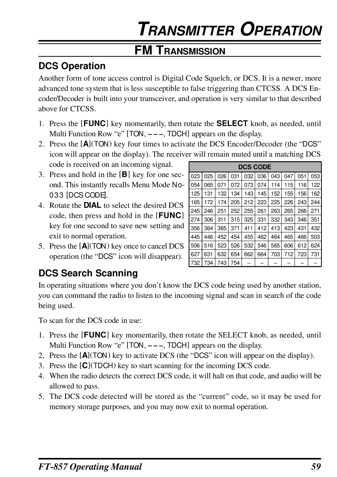 Vertex Standard FT-857 manual DCS Operation, DCS Search Scanning 