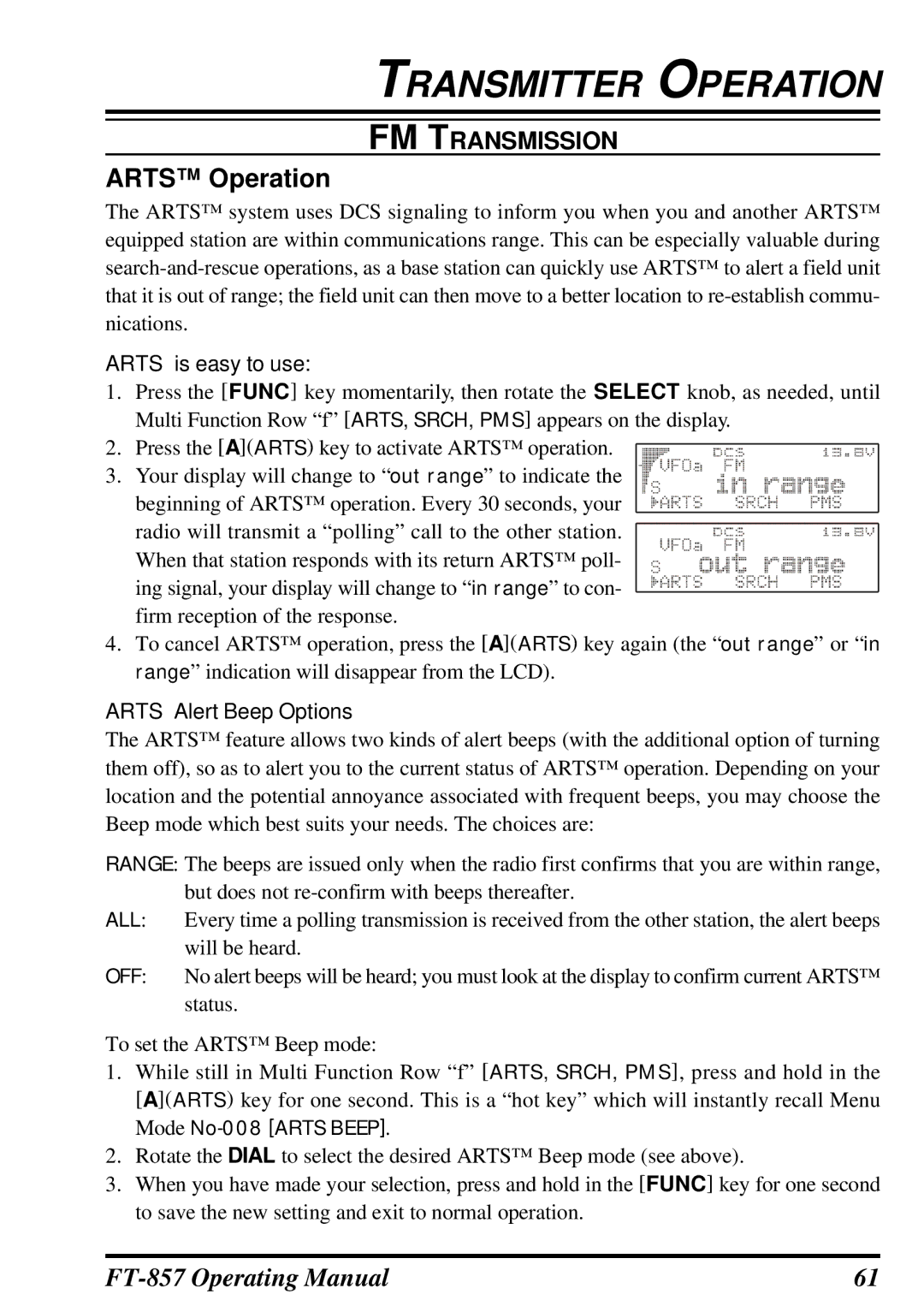 Vertex Standard FT-857 manual Arts Operation, Arts is easy to use, Arts Alert Beep Options 