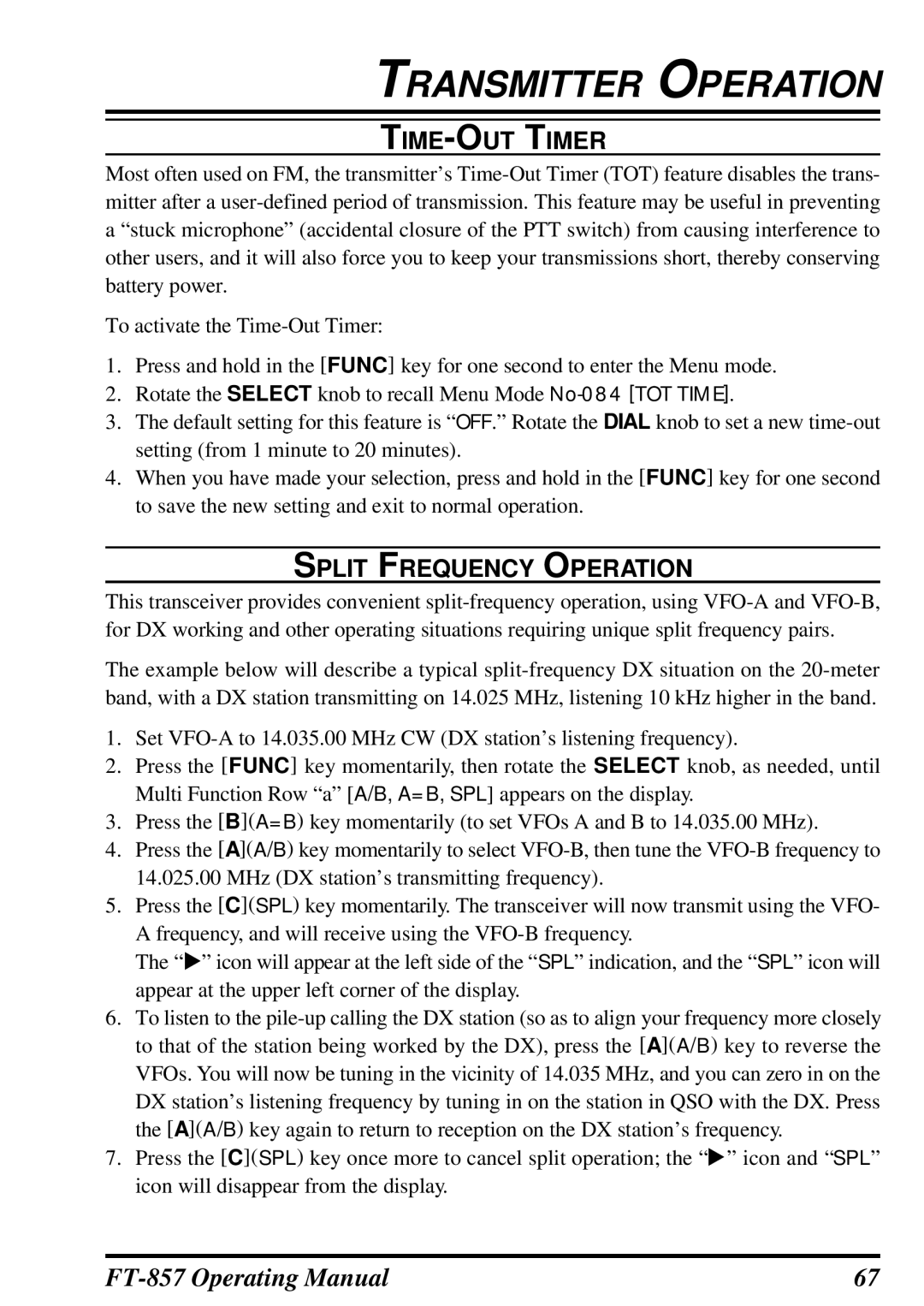 Vertex Standard FT-857 manual TIME-OUT Timer, Split Frequency Operation 