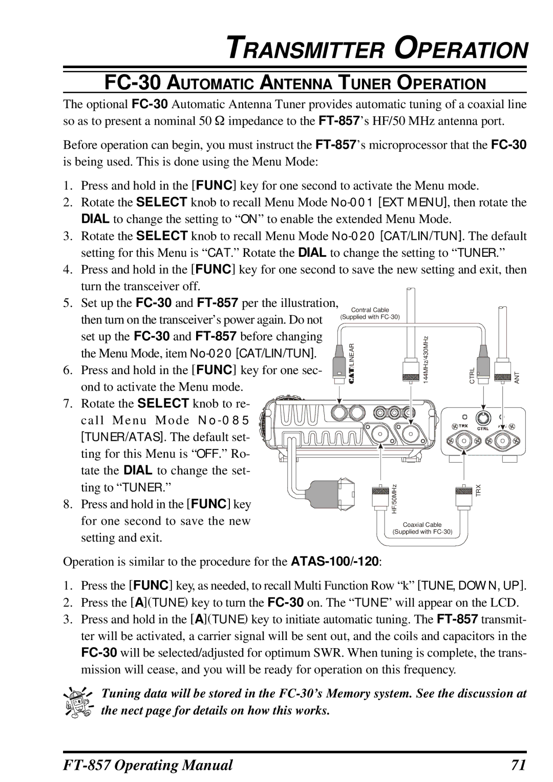 Vertex Standard FT-857 manual FC-30 Automatic Antenna Tuner Operation 