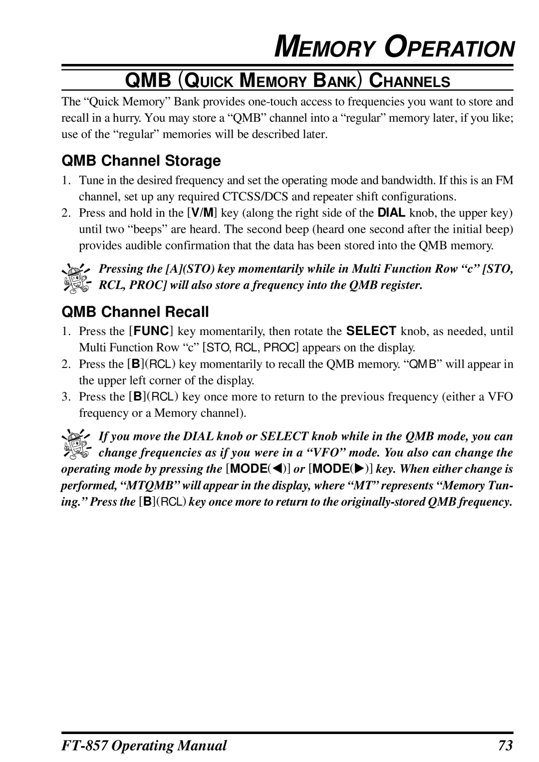 Vertex Standard FT-857 manual Memory Operation, QMB Channel Storage, QMB Channel Recall, QMB Quick Memory Bank Channels 