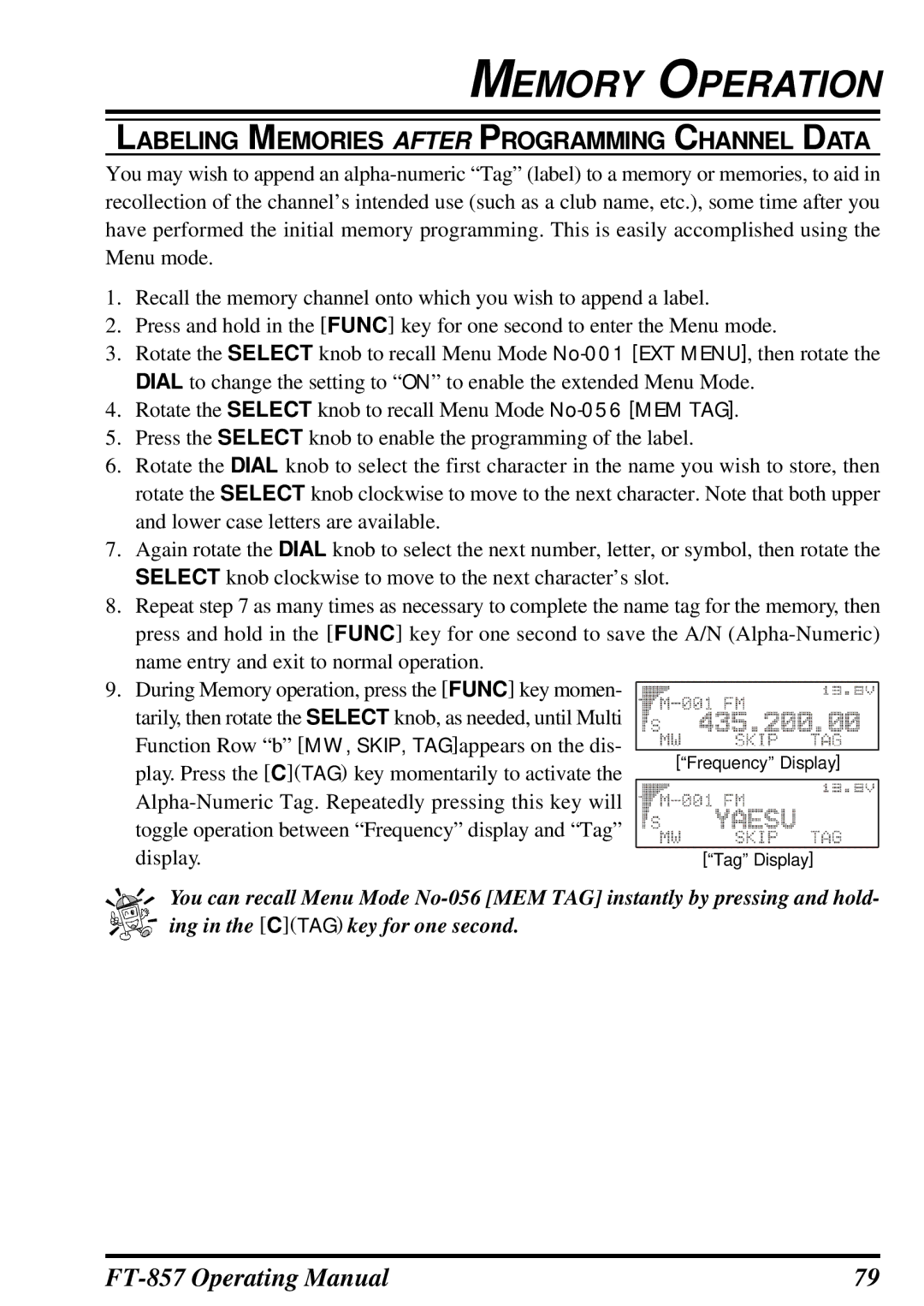 Vertex Standard FT-857 manual Labeling Memories After Programming Channel Data 