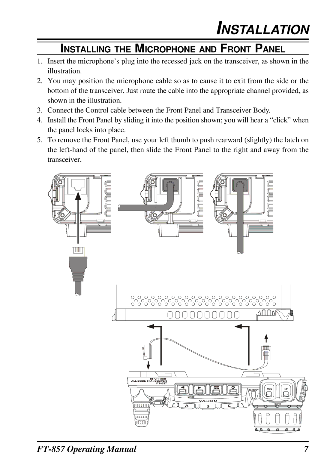 Vertex Standard FT-857 manual Installing the Microphone and Front Panel 