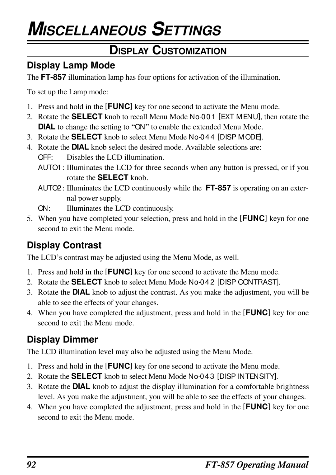 Vertex Standard FT-857 manual Display Lamp Mode, Display Contrast, Display Dimmer, Display Customization 