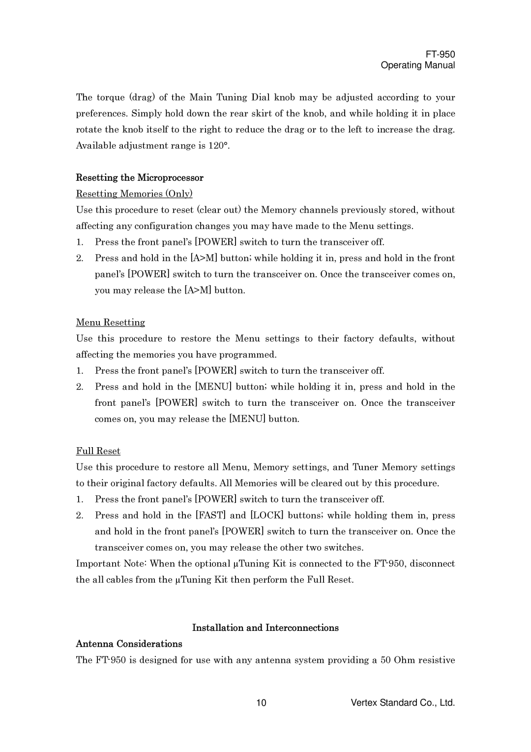 Vertex Standard FT-950 manual Resetting the Microprocessor, Installation and Interconnections Antenna Considerations 