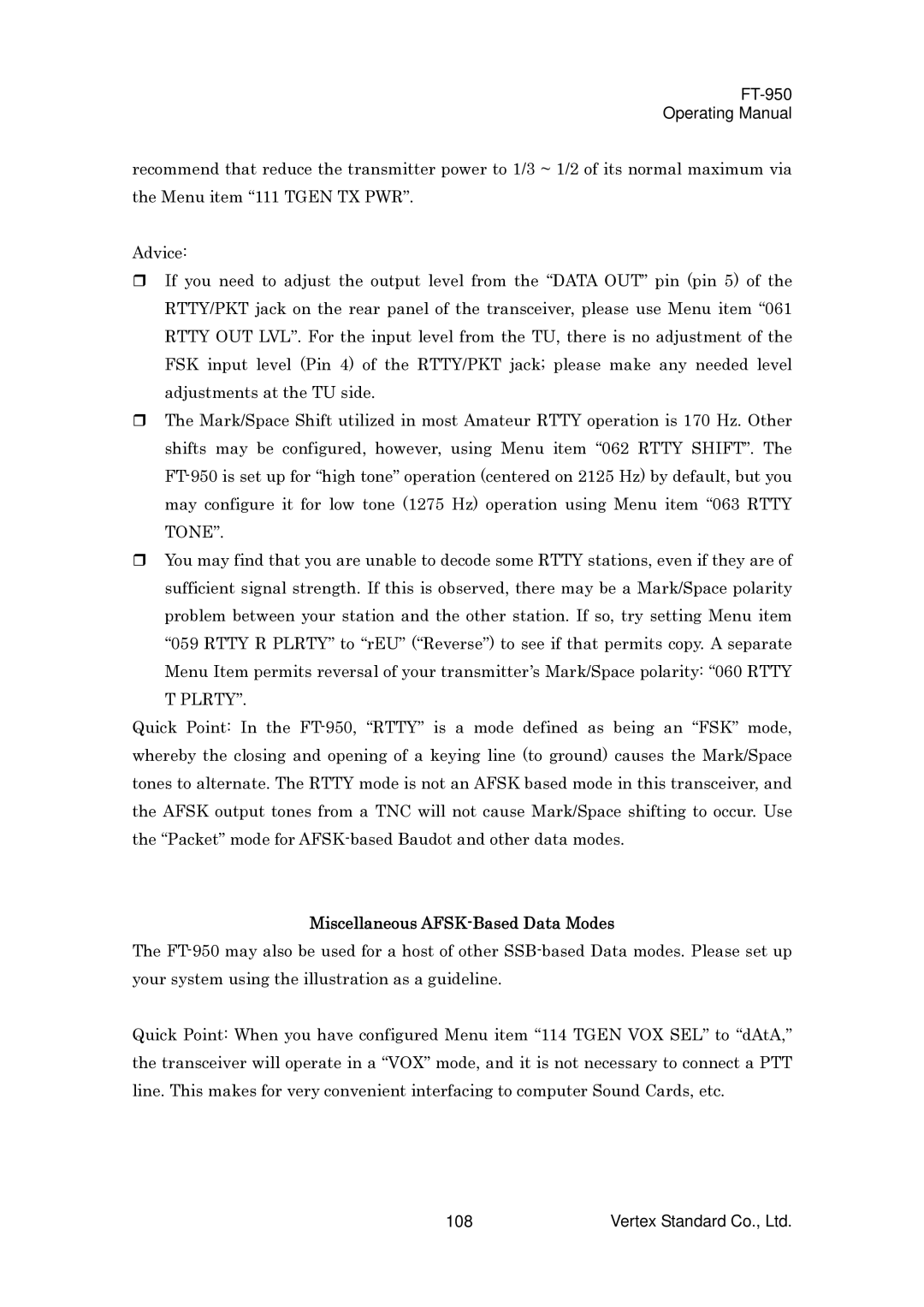 Vertex Standard FT-950 manual Miscellaneous AFSK-Based Data Modes 