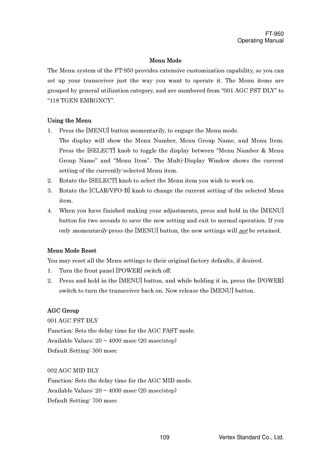 Vertex Standard FT-950 manual Using the Menu, Menu Mode Reset, AGC Group 