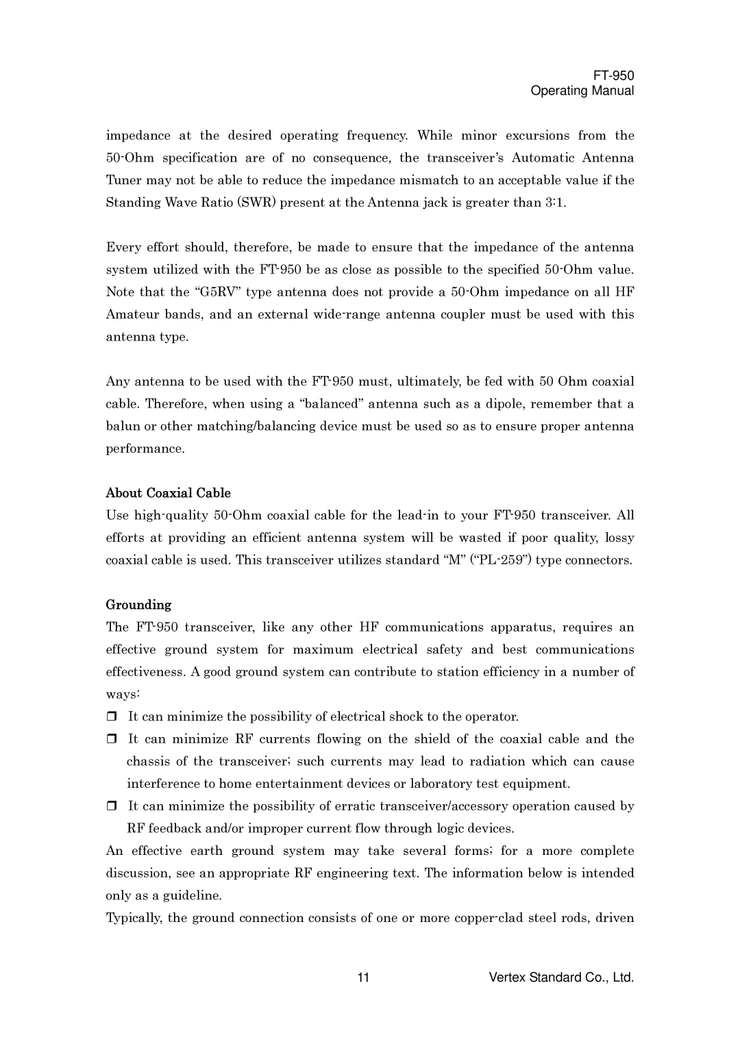 Vertex Standard FT-950 manual About Coaxial Cable, Grounding 