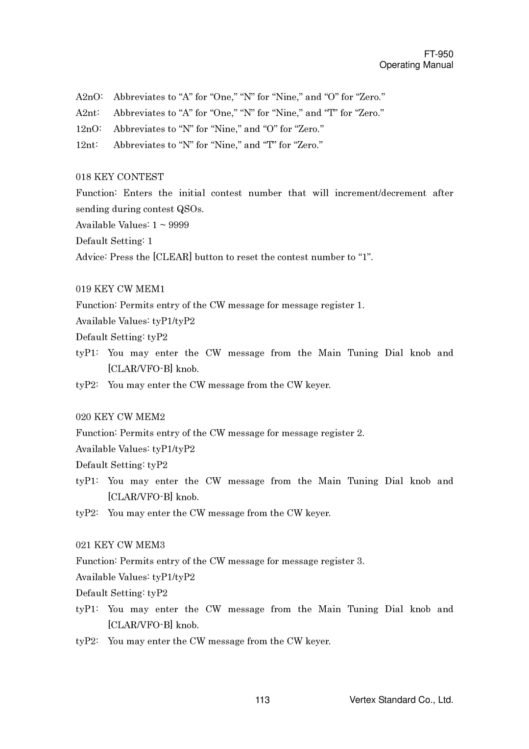 Vertex Standard FT-950 manual KEY Contest, KEY CW MEM1 