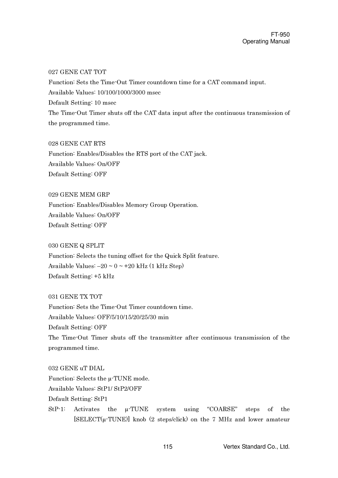 Vertex Standard FT-950 manual Gene CAT TOT, Gene CAT RTS, Gene MEM GRP, Gene Q Split, Gene TX TOT 