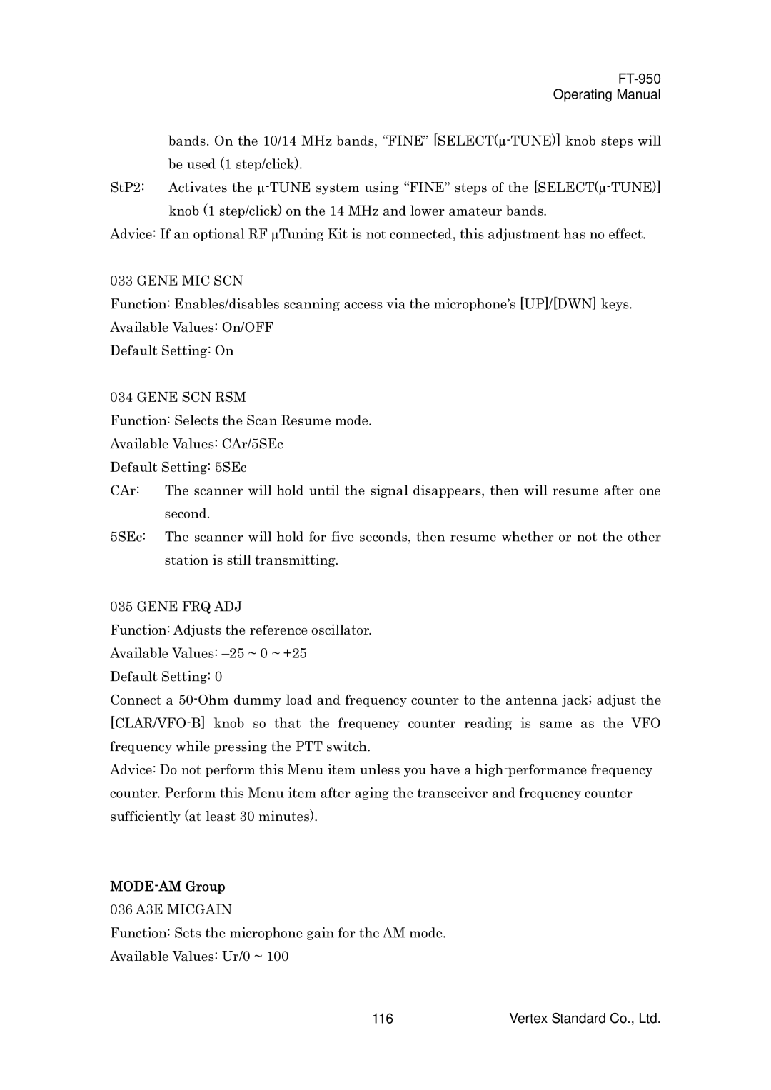 Vertex Standard FT-950 manual Gene MIC SCN, Gene SCN RSM, Gene FRQ ADJ, MODE-AM Group, 036 A3E Micgain 