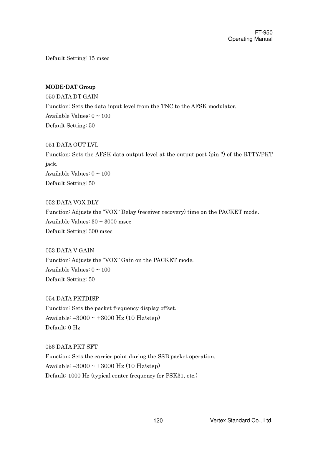 Vertex Standard FT-950 manual MODE-DAT Group, Data DT Gain, Data V Gain 