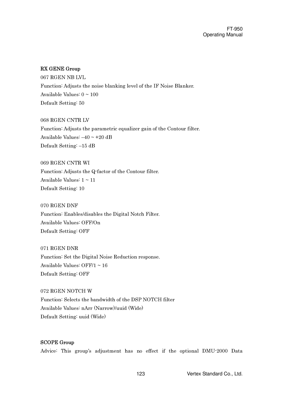 Vertex Standard FT-950 manual RX Gene Group, Scope Group 