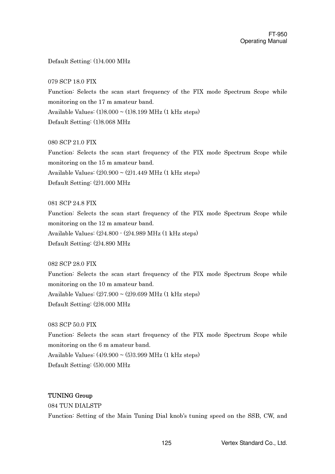 Vertex Standard FT-950 manual Tuning Group, TUN Dialstp 