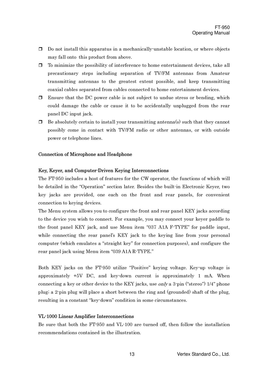 Vertex Standard FT-950 manual VL-1000 Linear Amplifier Interconnections 