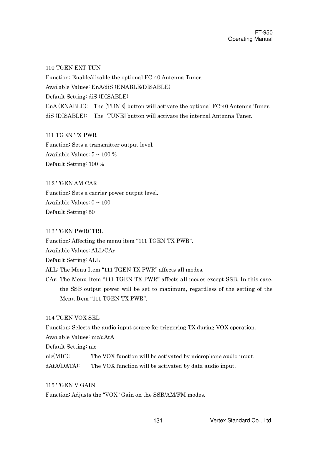 Vertex Standard FT-950 manual Tgen EXT TUN, Tgen TX PWR, Tgen AM CAR, Tgen Pwrctrl, Tgen VOX SEL, Tgen V Gain 