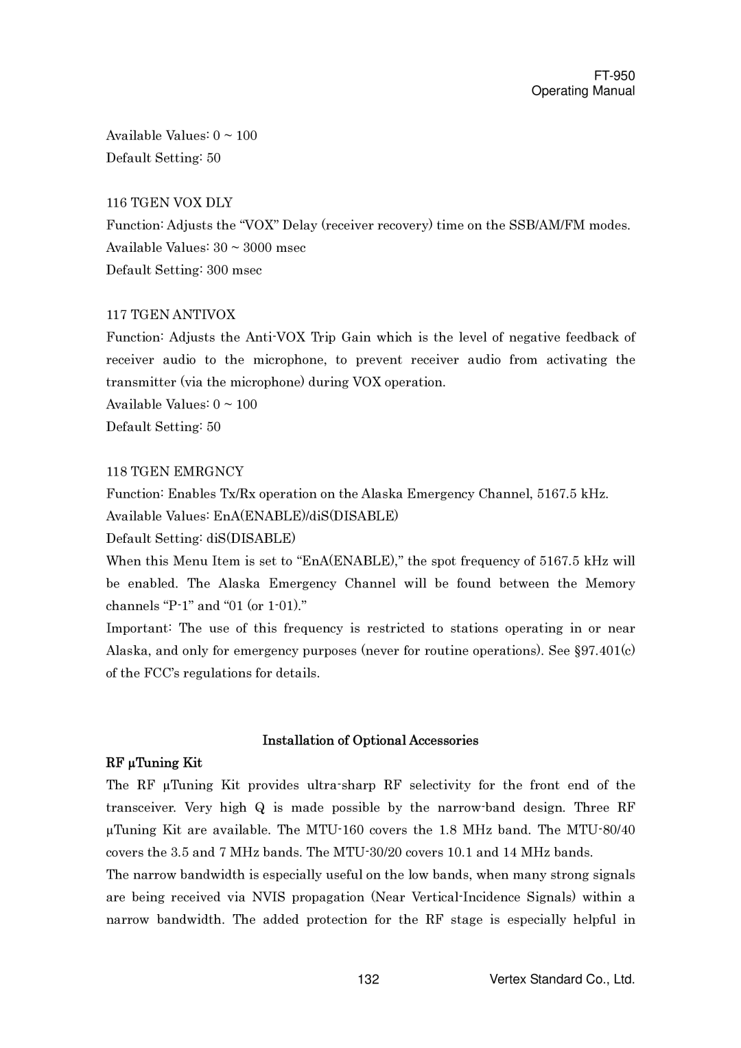 Vertex Standard FT-950 manual Tgen VOX DLY, Tgen Antivox, Tgen Emrgncy, Installation of Optional Accessories RF µTuning Kit 