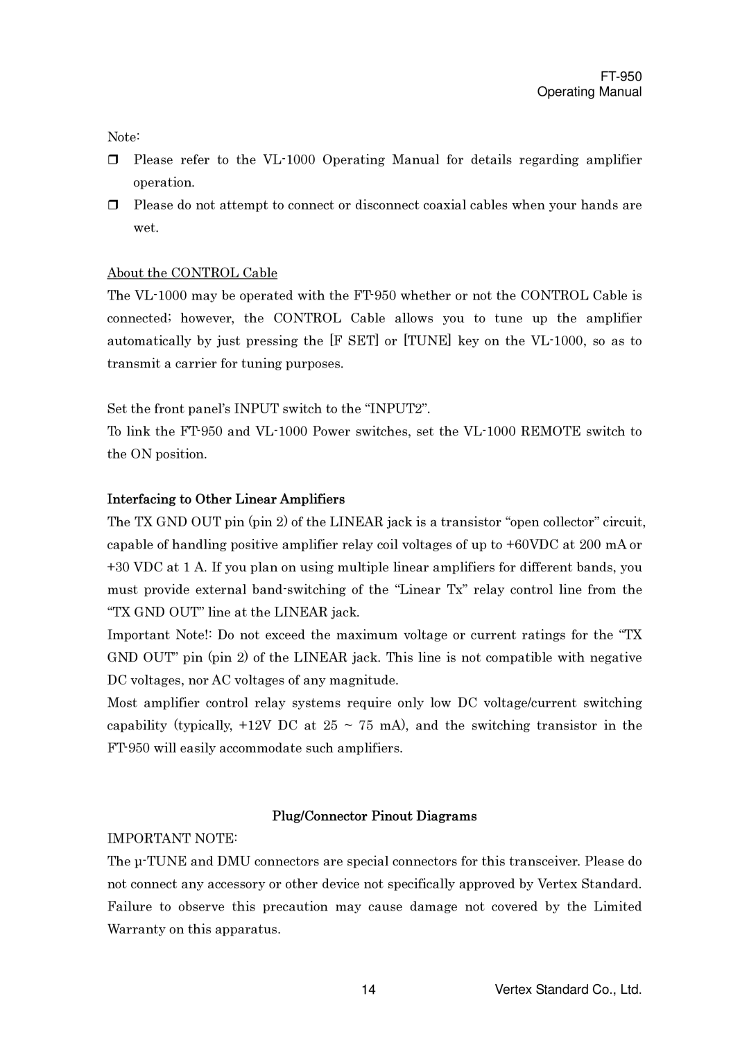 Vertex Standard FT-950 manual Interfacing to Other Linear Amplifiers, Plug/Connector Pinout Diagrams, Important Note 